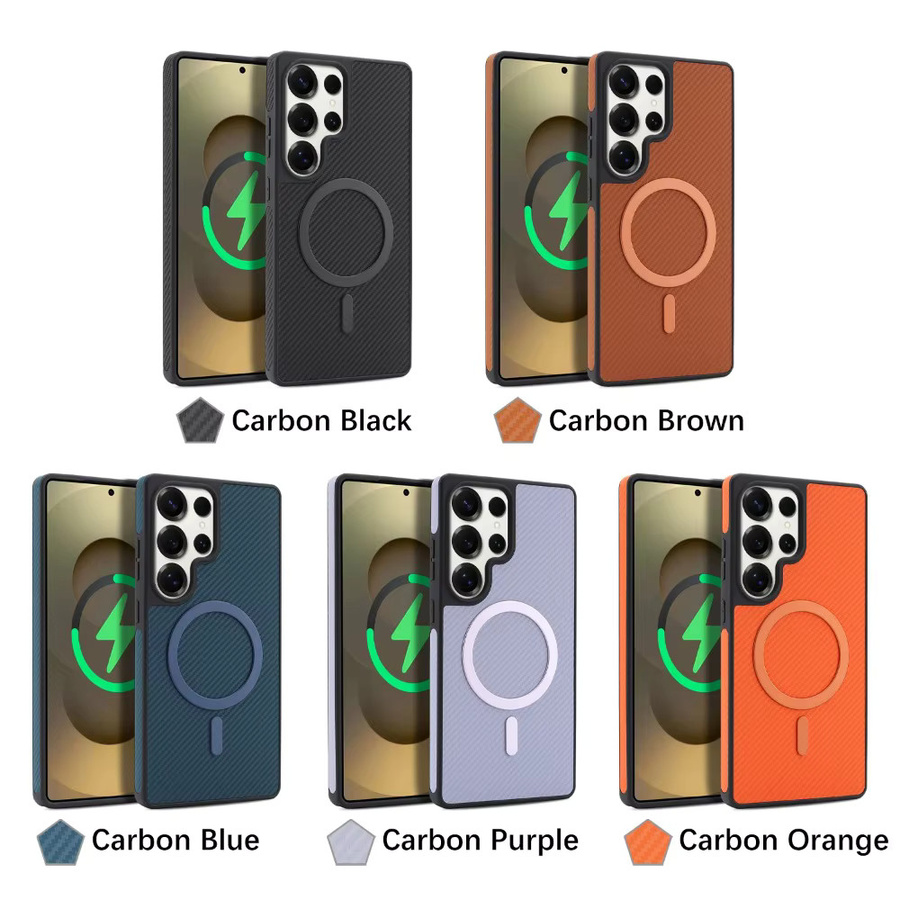 Samsung Business Carbonfaser-Leder-Textur Hülle für Galaxy S26 S25 S24 S23 Ultra Plus mit starken Magneten und Ladefunktion in Orange - Bild 4
