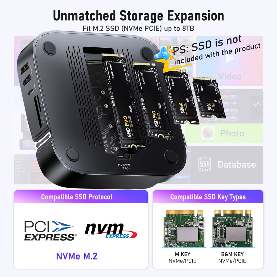 Lemorele 9-in-2 USB-Hub-Dockingstation für Mac Mini M4 mit HDMI, DisplayPort 4K 60Hz, M.2 NVMe SSD Slot, USB-A & USB-C sowie SD/TF Kartenleser - Bild 6