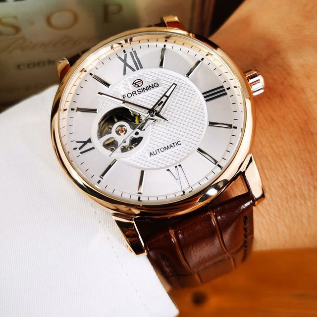 Forsining Armbanduhr, Automatik, weißes Zifferblatt, Leder, Herren - Bild 1