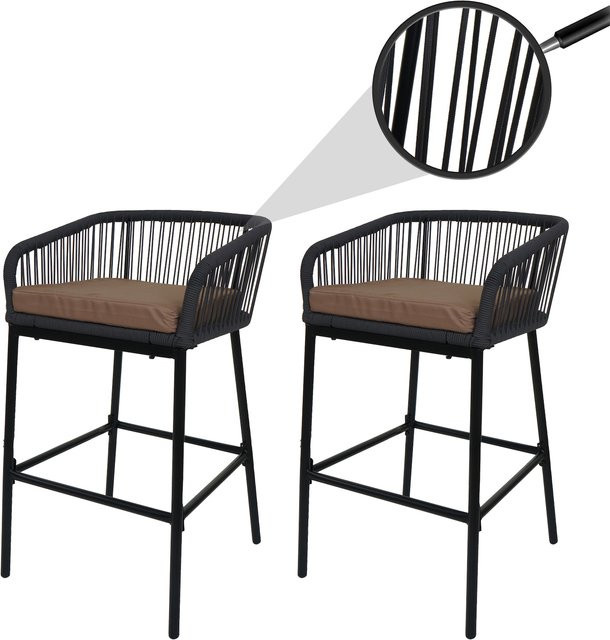 2er-Set MCW Rope-Barhocker MCW-O22 Outdoor Tresenhocker aus Metall mit Seilgeflecht in Anthrazit und beigen Sitzkissen - Bild 1