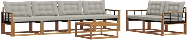vidaXL Outdoor-Sofagarnitur 7-teilig in U-Form aus Akazienholz und Textilene mit Kissen, Farbe: Natur und Hellgrau - Bild 1