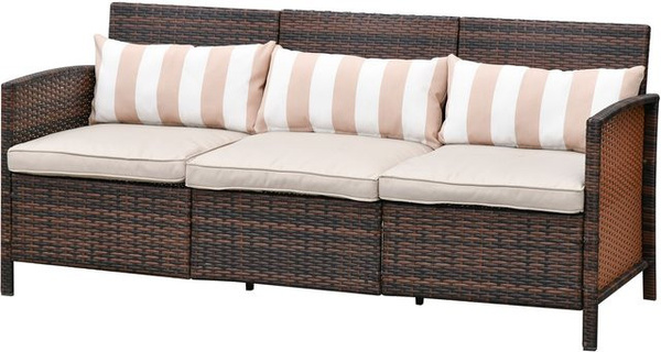 Outsunny Garten-Dreisitzer Rattan Sofa mit Kissen in Braun, Stahlgestell und PE-Rattan, B: 173 cm, T: 68 cm, H: 78 cm
