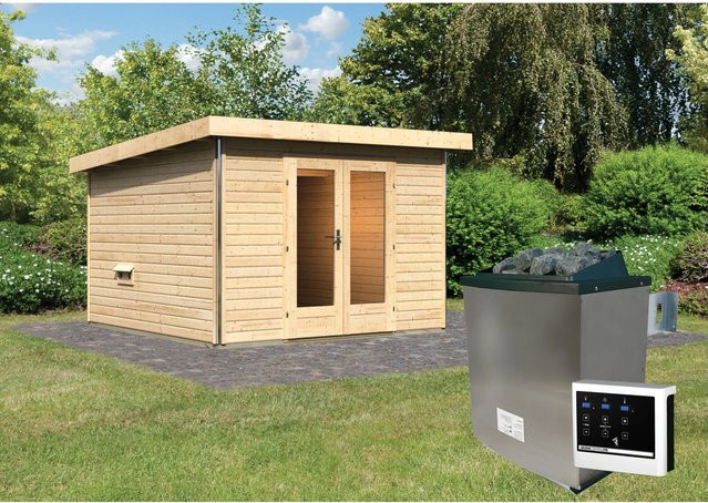 Karibu Saunahaus Magnus Set aus nordischer Fichte in Natur mit 9 kW Ofen und externer Steuerung - Bild 1