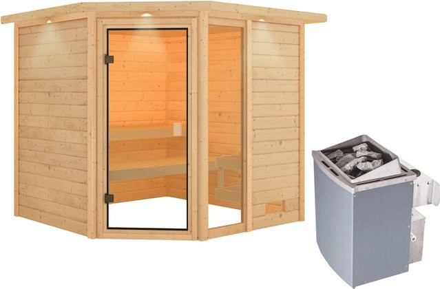 Karibu Massivholzsauna Tabea mit 9.0 kW Ofen und integrierter Steuerung sowie LED-Dachkranz in Natur - Bild 1