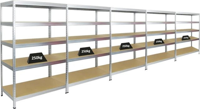 5er Set PROREGAL Schwerlastregal Rivet aus Stahl und MDF-Holzplatten, Farbe Silber, H x B x T: 180 x 120 x 60 cm - Bild 1