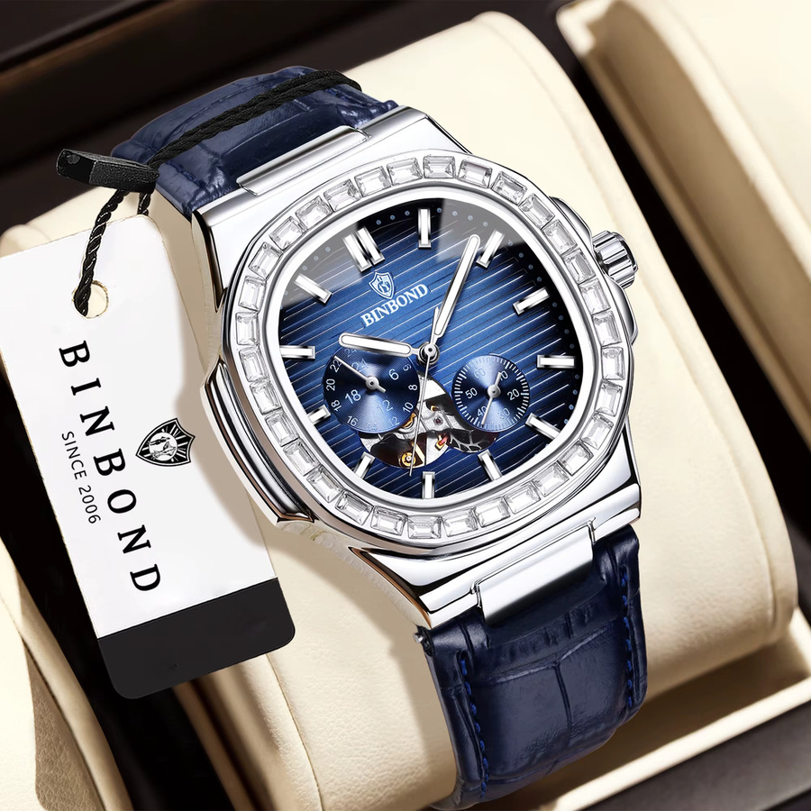 BINBOND Armbanduhr Automatik, Skelett-Uhr, Edelstahl, Blau, Leder, Herren - Bild 2