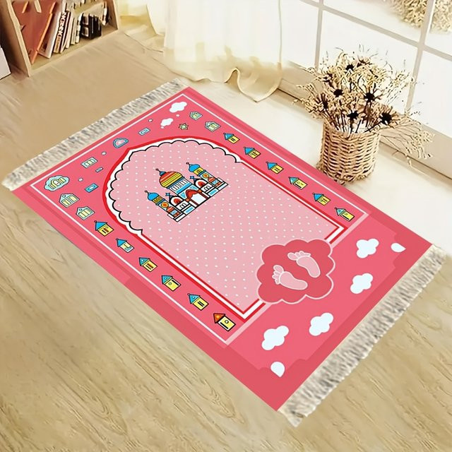 VIKAMA Kinder-Gebetsteppich in Rosa mit Cartoon-Moschee-Motiv und grauen Quasten - Bild 1
