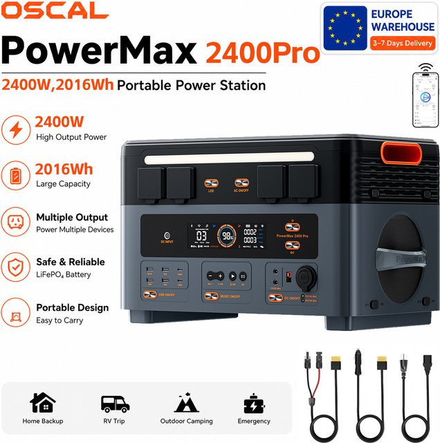 OSCAL PowerMax 2400Pro Tragbare Powerstation mit 2400W und 2016Wh LiFePO4 Akku in Schwarz - Bild 1