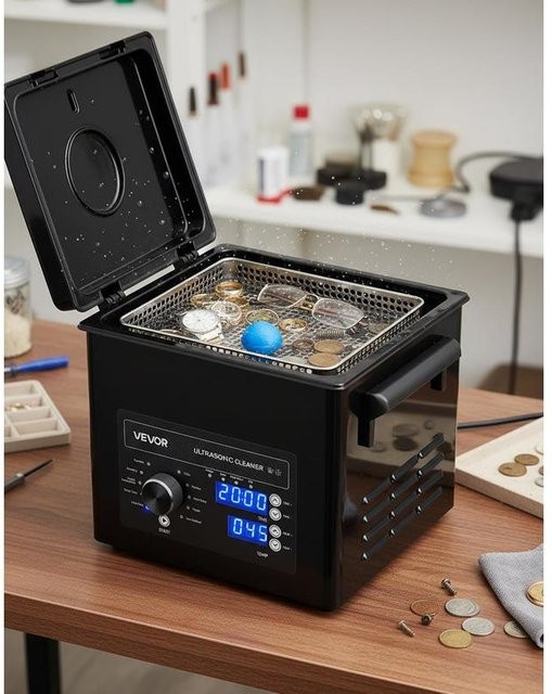 Vevor Ultraschallreiniger aus Edelstahl in Grün mit 3 l Fassungsvermögen, Drehknopfsteuerung, inklusive Korb und Reinigungsball für Schmuck, Uhren, Rasierer und Münzen - Bild 1
