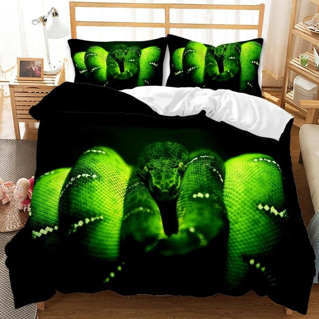 Your Warm Home 3D-Bettwäsche-Set mit Schlangen-Design in Grün, bestehend aus Bettbezug und Kissenbezügen - Bild 1