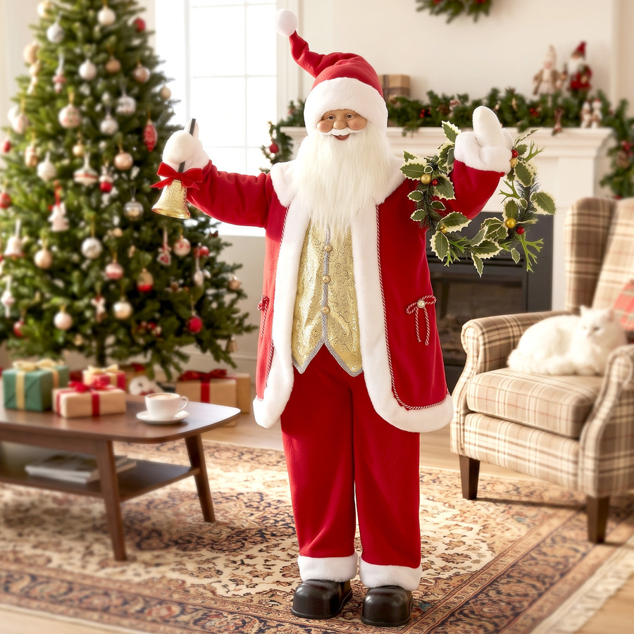 HOMCOM Singender Weihnachtsmann als lebensgroße Weihnachtsfigur in Rot und Gold, Höhe: 150 cm, mit Goldglocke und Kranz, bewegliche Arme und Sound-Funktion - Bild 2