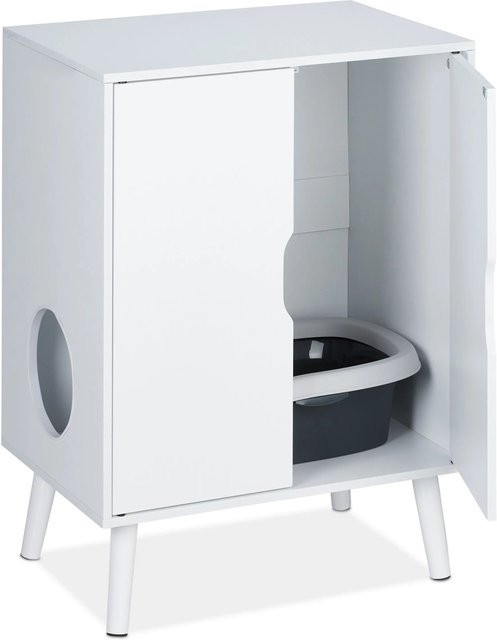 Relaxdays Katzenschrank für die Katzentoilette aus Kiefernholz und Spanplatte in Weiß mit 2 Türen, B/T/H: 77 x 58 x 40 cm - Bild 1