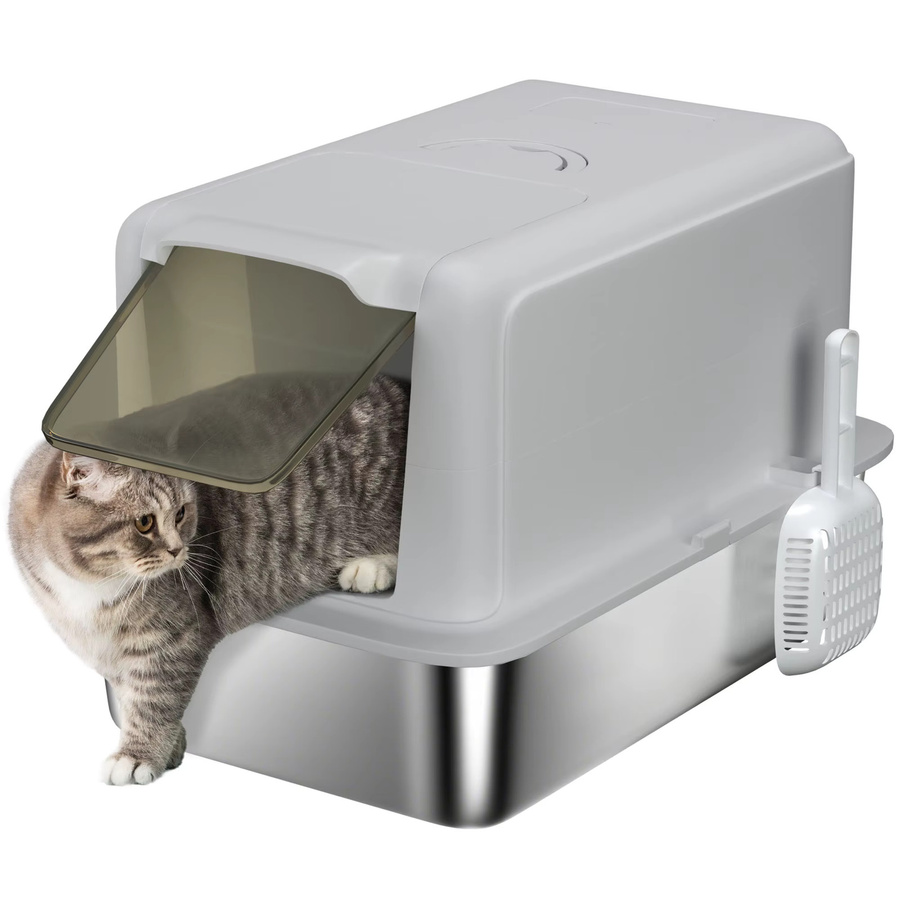 PawHut Katzentoilette aus Edelstahl und Kunststoff in Weiß mit Deckel, Streufilter und Streuschaufel, B/T/H: 60,5 x 40,5 x 41,5 cm - Bild 2