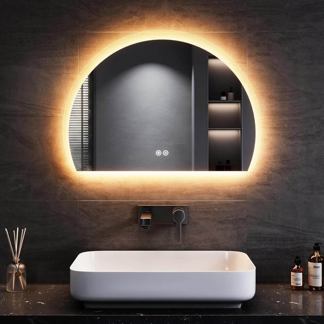 SONNI Badspiegel halbrund mit LED-Beleuchtung, dimmbar mit Touch-Schalter und 3 Lichtfarben, IP44, B: 70 cm, H: 50 cm - Bild 1