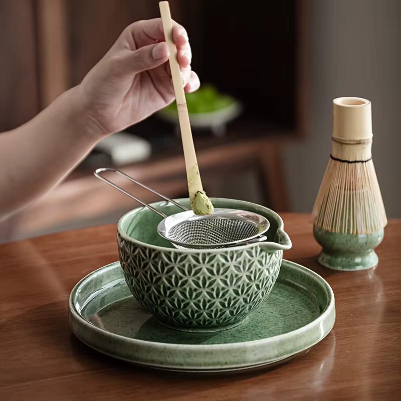 WENZHE Japanisches Matcha-Set mit grünem geometrischem Muster, Bambusrührer und Tee-Zubehör für die traditionelle Teezeremonie - Bild 2