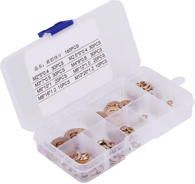 Neoglint Messing Unterlegscheiben Sortiment mit Box, 180-teilig, Flachscheiben in Gold/Gelb, Größen M2 bis M10 - Bild 1