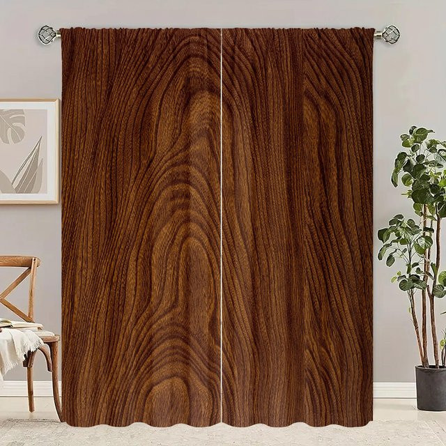 Yiran Furniture Vorhänge mit Holzmaserung in Braun, 2er-Set, halbtransparent, Stangentaschen - Bild 1
