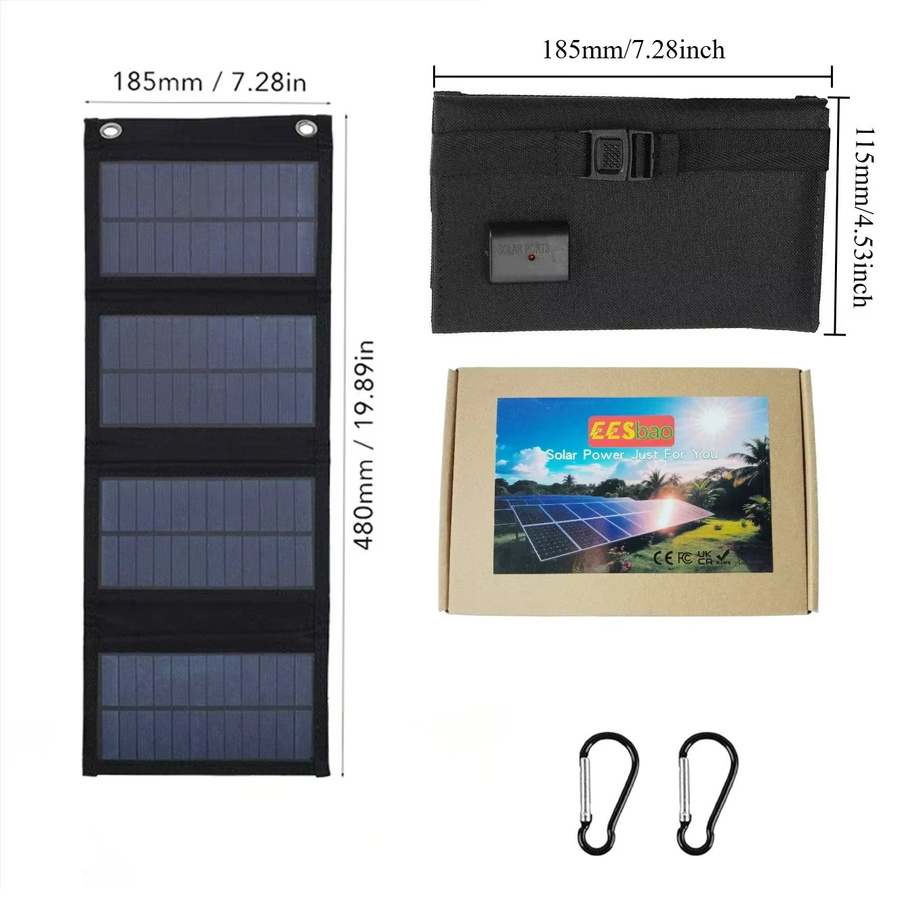 EESBAO Faltbares Solarpanel USB-Solarladegerät mit USB-A Anschluss, Wasserdicht, Schwarz, 12W/20W für Outdoor, Camping und Wandern - Bild 6