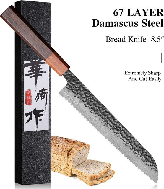 TUEWHO Brotmesser aus Damaststahl, handgefertigtes geschmiedetes Kochmesser mit 21,59 cm Klingenlänge, Silber - Bild 1