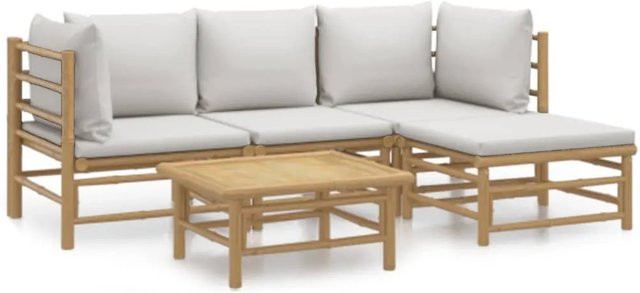vidaXL 5-tlg Garten-Lounge-Set aus Bambus mit grauen Polstern in L-Form - Bild 1