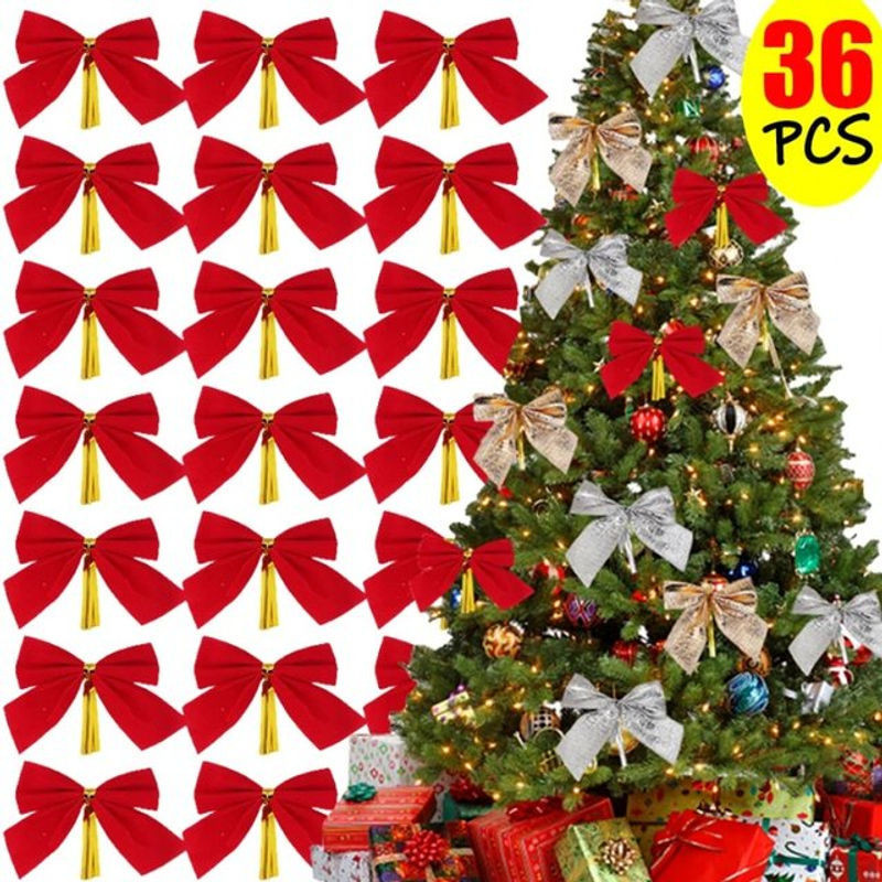 Weihnachten Schleifen-Set aus Samt in Rot und Gold als Hängeornament für Weihnachtsbaum, Geschenkboxen und DIY-Dekoration - Bild 1