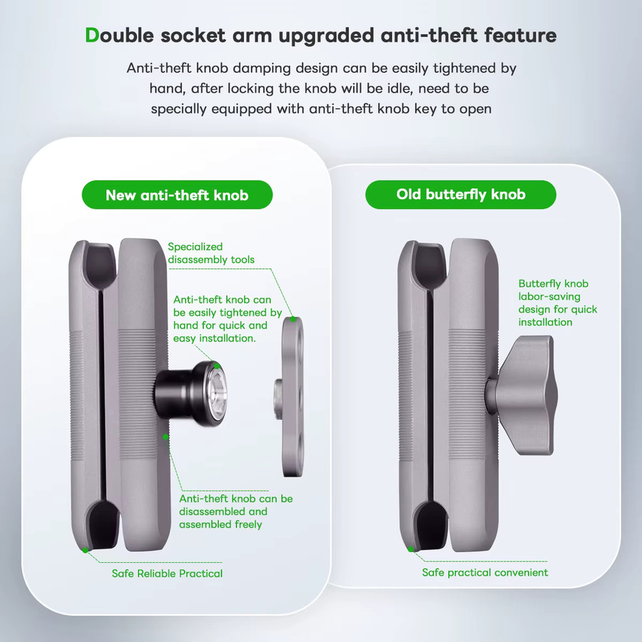 FANAUE Anti-Diebstahl-Doppelsockelarm aus Aluminium in Schwarz für RAM-Halterungen mit 25 mm Kugel und 1 Zoll Kugeladapter für Fahrrad- und Motorrad-Telefonhalterungen - Bild 2