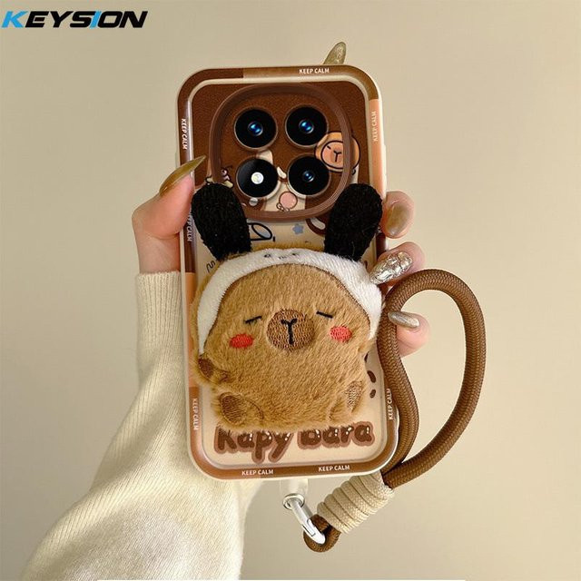 KEYSION Niedliche 3D Cartoon Plüschhülle für Redmi Note 14 Pro+ 5G, Redmi Note 14 4G/5G, Stoßfeste Silikon Handyhülle mit Lanyard, Braun - Bild 1