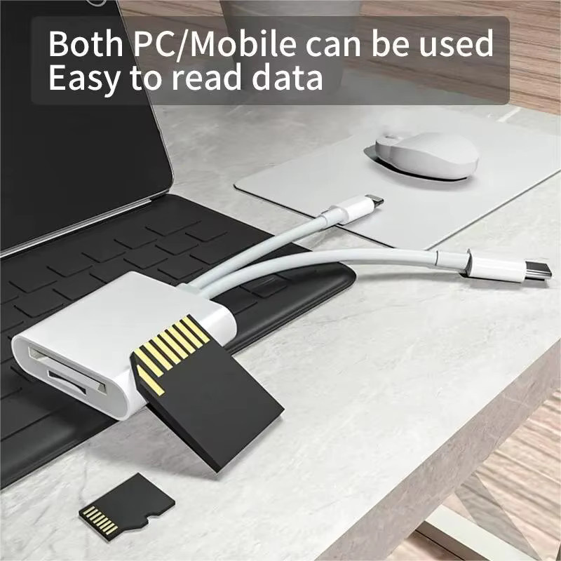 2-in-1 OTG Kartenleser Typ C und Lightning auf SD-TF Speicherkartenadapter in Weiß für iPhone, PC und Laptop ohne App-Anforderung - Bild 2