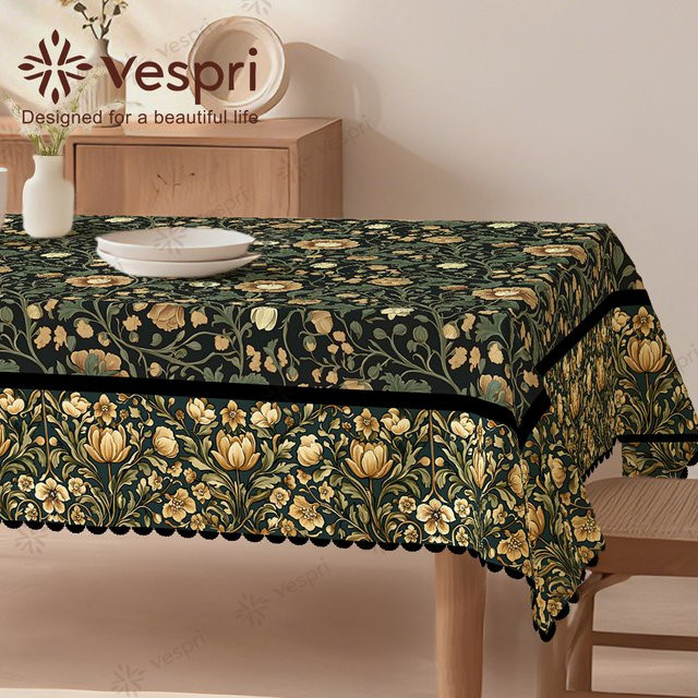 Vespri Frühlings-Tischdecke mit Blumen-Blatt-Ranken-Muster in Schwarz-Grün aus Polyester - Bild 1