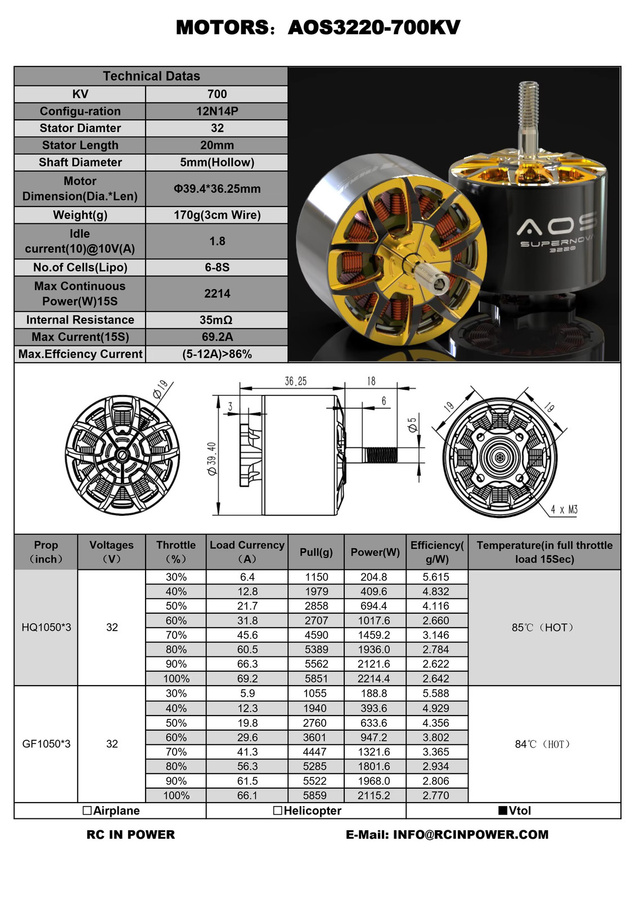 Rcinpower AOS Supernova 3220 Motor für Flügel- und Cinelifter-Drohnen mit 10-Zoll-Propellern - Bild 4