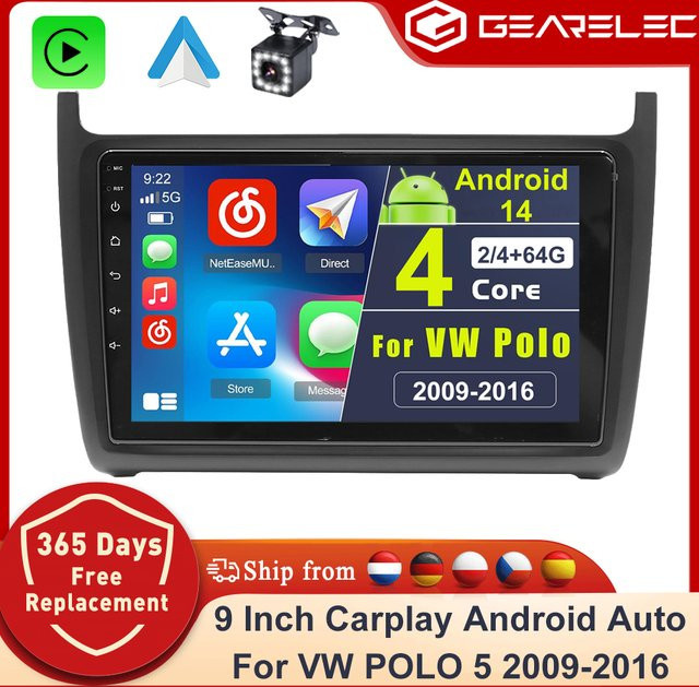 GEARELEC 2 DIN Autoradio für VW Volkswagen Polo 2009-2017 6R 6C mit 9 Zoll Display, Wireless CarPlay, Android Auto, GPS, WiFi, Bluetooth und SWC in Schwarz - Bild 1