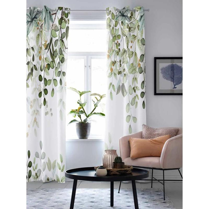 Super Six Fenstervorhang mit abstraktem Blätter- und Zweigmuster in Salbeigrün und Grau, halbtransparent, B: 135 cm, H: 60 cm - Bild 2
