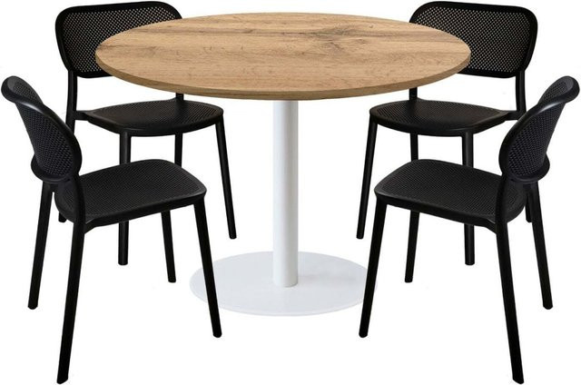 RestooTab Esstisch-Set Rome XL mit 4 Stühlen, runder Esstisch in Eiche mit schwarzem Gestell, Durchmesser: 120 cm, Höhe: 75 cm - Bild 1