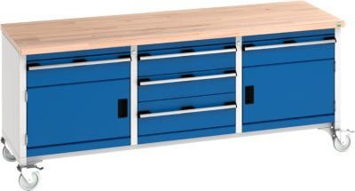 Bott Kastenwerkbank cubio mit 5 Schubladen aus Buche-Massivholz, enzianblau/lichtgrau, B: 200 cm, T: 75 cm, H: 84 cm - Bild 1