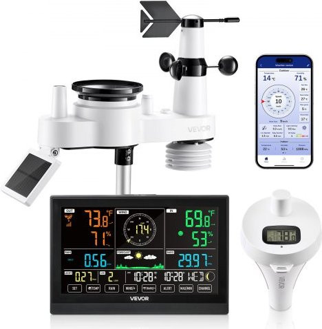 VEVOR 7-in-1 WLAN-Wetterstation mit App, 7,5 Zoll Display, solarbetriebener Außensensor, Poolthermometer und Regenmesser in Weiß - Bild 1