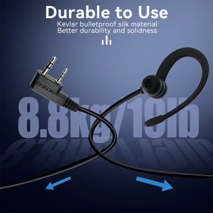 Retevis Walkie Talkie Ohrhörer mit 2Pin Anschluss, Weiches Ohrbügel Headset mit PTT und HD Lautsprecher in Schwarz für Kenwood, Baofeng UV 5R und Quansheng UV K5, Modell EEK023 - Bild 2