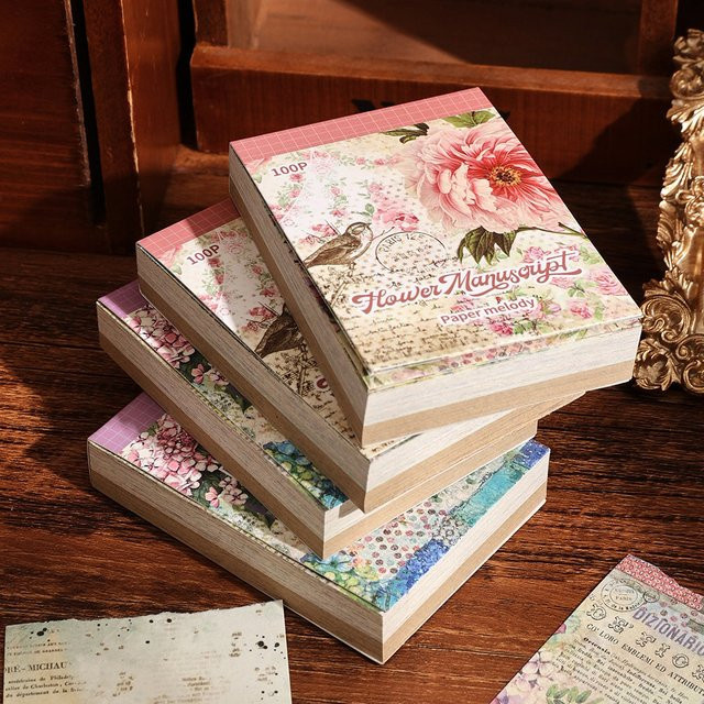 100 Blatt Vintage-Blumen-Scrapbook-Papier in Braun und Mehrfarbig mit 50 verschiedenen Mustern aus Kraftpapier - Bild 1