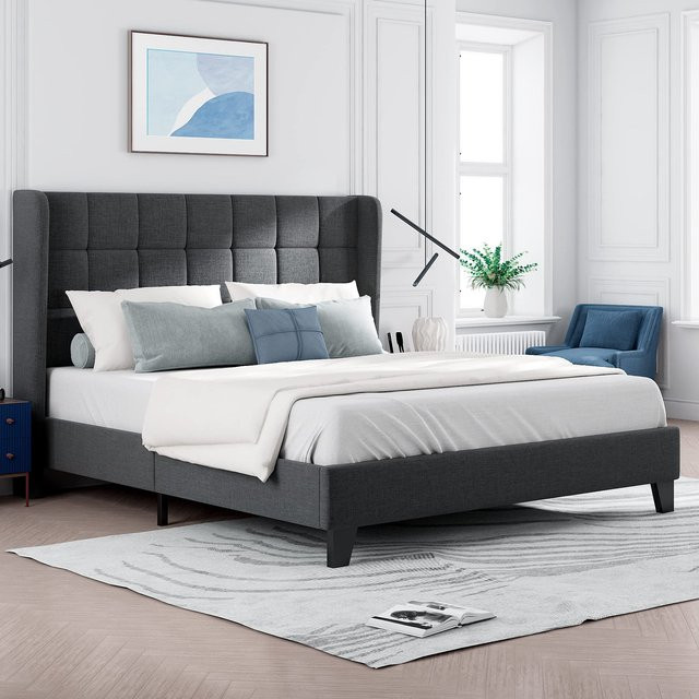 Aosom Doppelbett mit gepolstertem Kopfteil und Lattenrost in Grau mit Leinenoptik, B/T/H: 140 x 200 x 146 cm - Bild 1