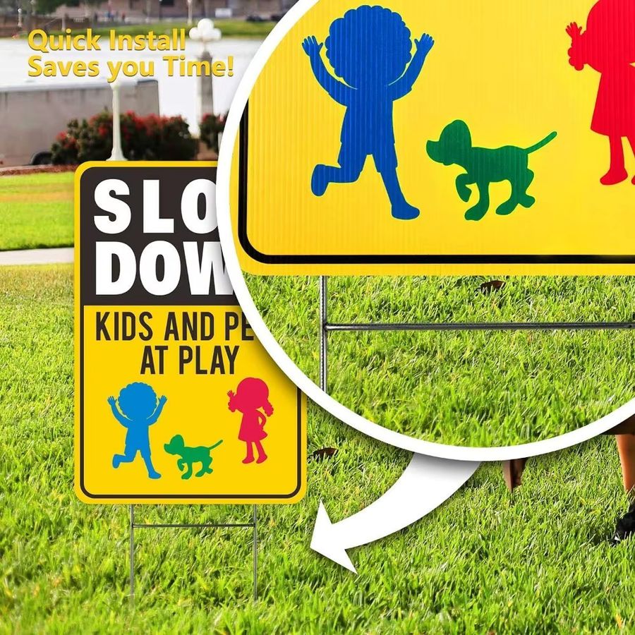 CIFBUY Slow Down Kids At Play Schild aus Kunststoff mit Metallpfählen, wetterfest und rechteckig - Bild 3