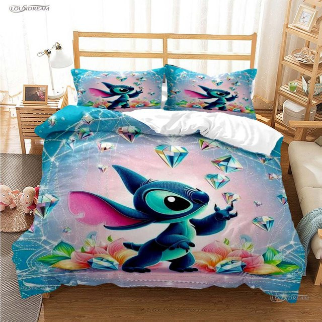 Gu Tao Stitch Cartoon Bettwäsche-Set aus Polyester in Blau, bestehend aus Bettbezug und Kissenbezügen, B/H: 150 x 200 cm - Bild 1