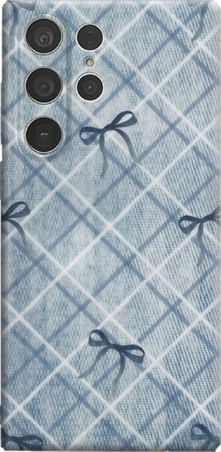 Denim Bow Grid Handyhülle für Samsung Galaxy S25 Ultra, S24 und S23 Ultra Plus in Blau mit glänzender doppellagiger Rückseite - Bild 1