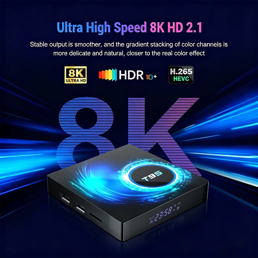 YOZHIXU T95 8K Smart TV Box Android 16 Media Streamer mit Allwinner H616, 8GB RAM, Dual WLAN 5G, Bluetooth 6.0 und Google Voice, Schwarz - Bild 3