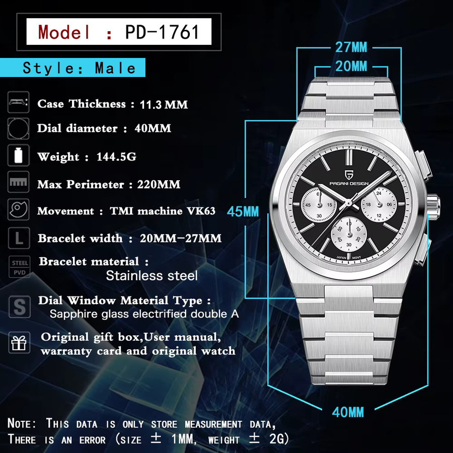 Pagani Design Chronograph, Quarzuhr, Edelstahl, Saphirglas, 40 mm, Herren - Bild 2
