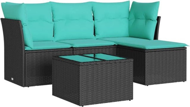 vidaXL 5-teilige Garten-Sofagarnitur in L-Form mit Polsterkissen und Couchtisch, Schwarz/Blau, Poly-Rattan und Metallgestell - Bild 1