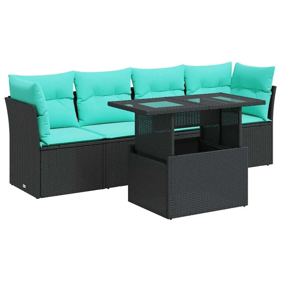 vidaXL 5-teilige Garten-Sofagarnitur aus Poly-Rattan und Akazie in Schwarz mit Kissen - Bild 2
