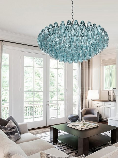 Moderne Pendelleuchte aus Muranoglas in Blau und Multicolour mit silbernem Messing, rund und dimmbar, Durchmesser: 72 cm, Höhe: 33 cm - Bild 1