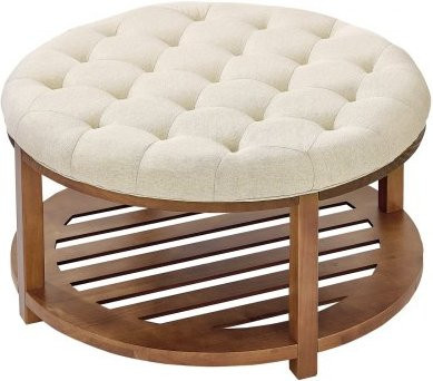 VEVOR runder Couchtisch mit Massivholz-Ablage und gepolsterter Ottomane aus Leinen, Beige, Durchmesser: 81 cm, Höhe: 47,6 cm - Bild 1
