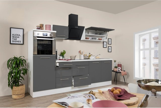 Respekta Premium Küchenzeile modern in Grau Hochglanz und Weiß mit Soft-Close-Türen und Schubladen, Breite: 270 cm, Höhe: 91 cm - Bild 1