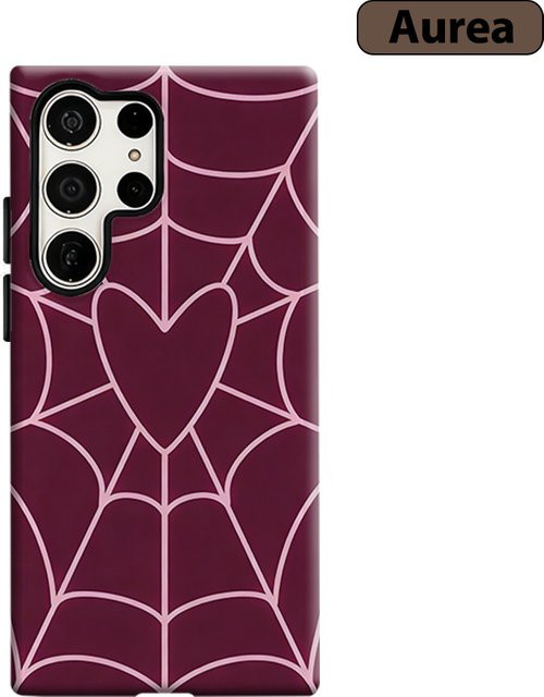 Stoßfeste Doppelschicht Handyhülle mit Spinnennetz-Herz-Design für Samsung Galaxy S26 S25 S24 S23 Ultra Plus in Burgunderrot und Violett - Bild 1