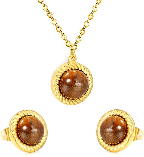 LUXUSTEEL Schmuck-Set Halskette und Ohrringe, Edelstahl, Tigerauge, Gold, Kinder - Bild 1